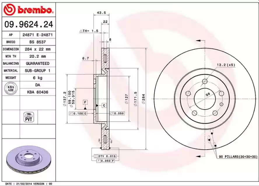 DISK PREDNJI VENTILIRAJUĆI ALFA ROMEO 164 LANCIA THEMA 22X284 BREMBO 71739568, 09.9624.24