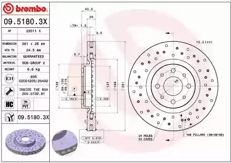 DISK PREDNJI VENTILIRAJUCI ALFA ROMEO MITO FIAT BRAVO 2 LANCIA DELTA 3 281x26 BREMBO, 46535086, 09.5