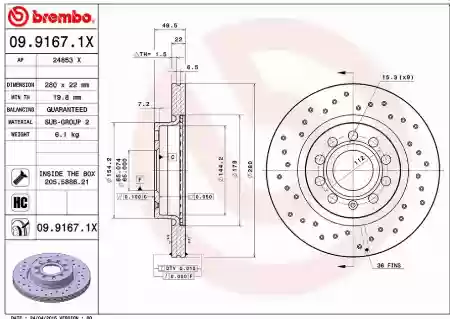 DISK PREDNJI VENTILIRAJUĆI AUDI A3 SEAT ALTEA LEON TOLEDO 3 ŠKODA OCTAVIA 3 VW G6 22X280 BREMBO 1K06