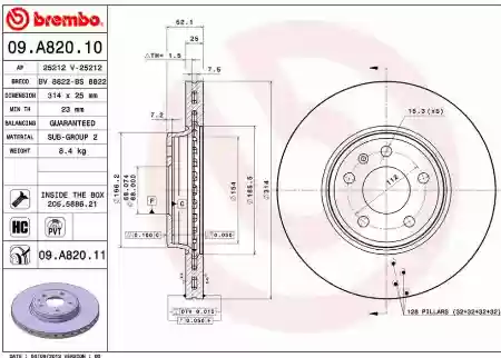 DISK PREDNJI VENTILIRAJUĆI AUDI A4 A5 QUATTRO 25X314 BREMBO 8K0615301, 09.A820.11