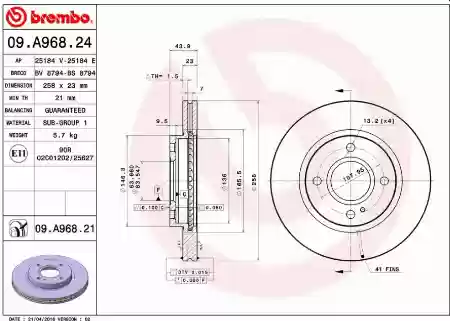 DISK PREDNJI VENTILIRAJUĆI FORD FIESTA 6 KA+ 258x23 2008- BREMBO 1523795, 09.A968.24