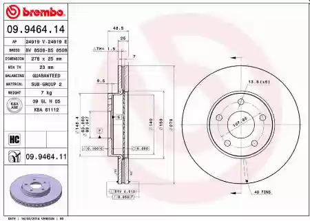 DISK PREDNJI VENTILIRAJUCI FORD FOCUS 2 VOLVO C30 C70 S40 V50 278x25 BREMBO, 1320352, 09.9464.14