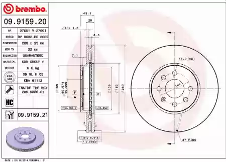 DISK PREDNJI VENTILIRAJUCI OPEL ASTRA H 280X25 2004- BREMBO 0569007, 09.9159.20