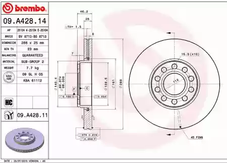 DISK PREDNJI VENTILIRAJUĆI  ŠKODA SUPERB 1 PASAT B5 25X288 2000-2005 BREMBO 4B0615301B, 09.A428.11