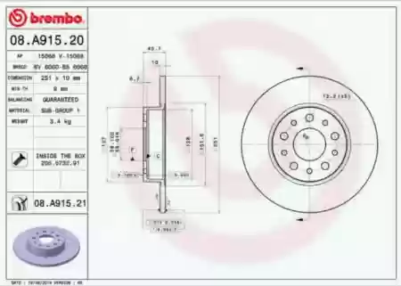 DISK ZADNJI 251x10 FIAT 500L BREMBO, 51808471, 08.A915.21