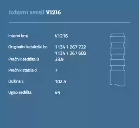 VENTIL IZDUVNI BMW M20 2.0 AUTOVENTIL 11341267722, V1216