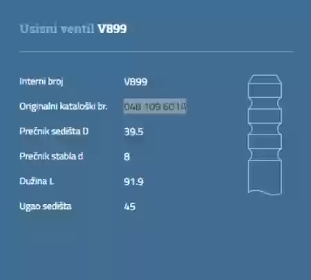 VENTIL USISNI AUDI VW SEAT PG 2E AAR, 048109601A, V899